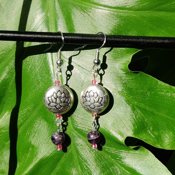 Amethyst & Lotus Bead Handcrafted Earrings - Picture 4 of 4